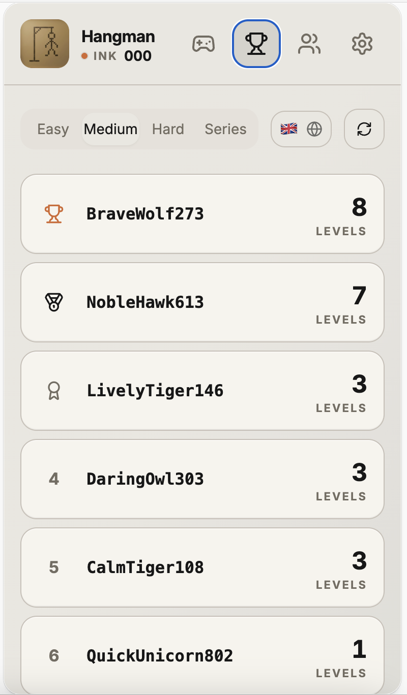 Global leaderboard screen in the Hangman iPhone app