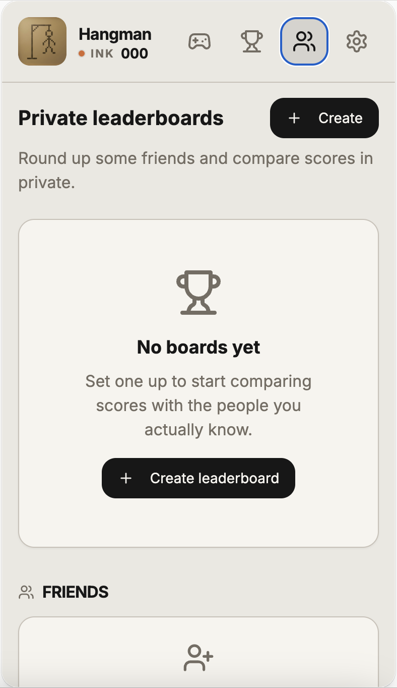 Custom leaderboard invite screen inside the Hangman iPhone app