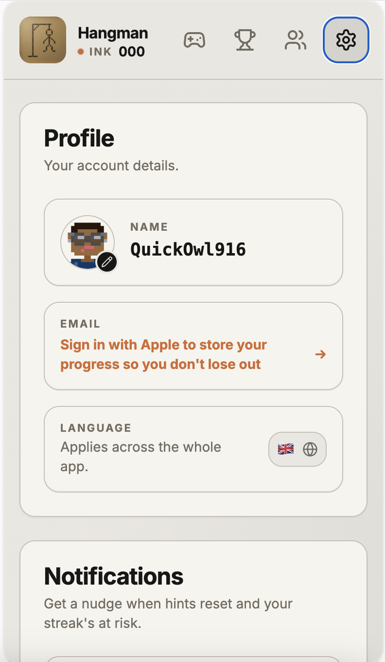 Settings screen in the Hangman iPhone app showing the Language section with a globe toggle applying across the whole app